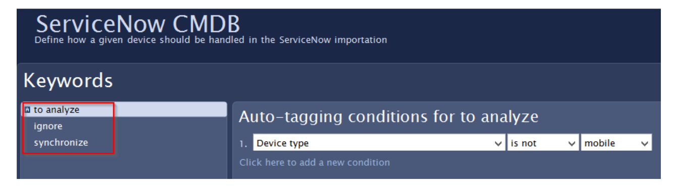 Default keywords and auto-tagging conditions for the device category